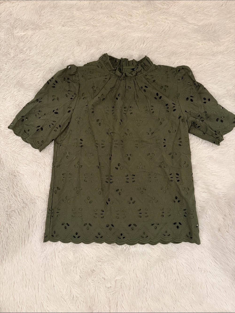 Ruffle Neck Eyelet Blouse in Olive